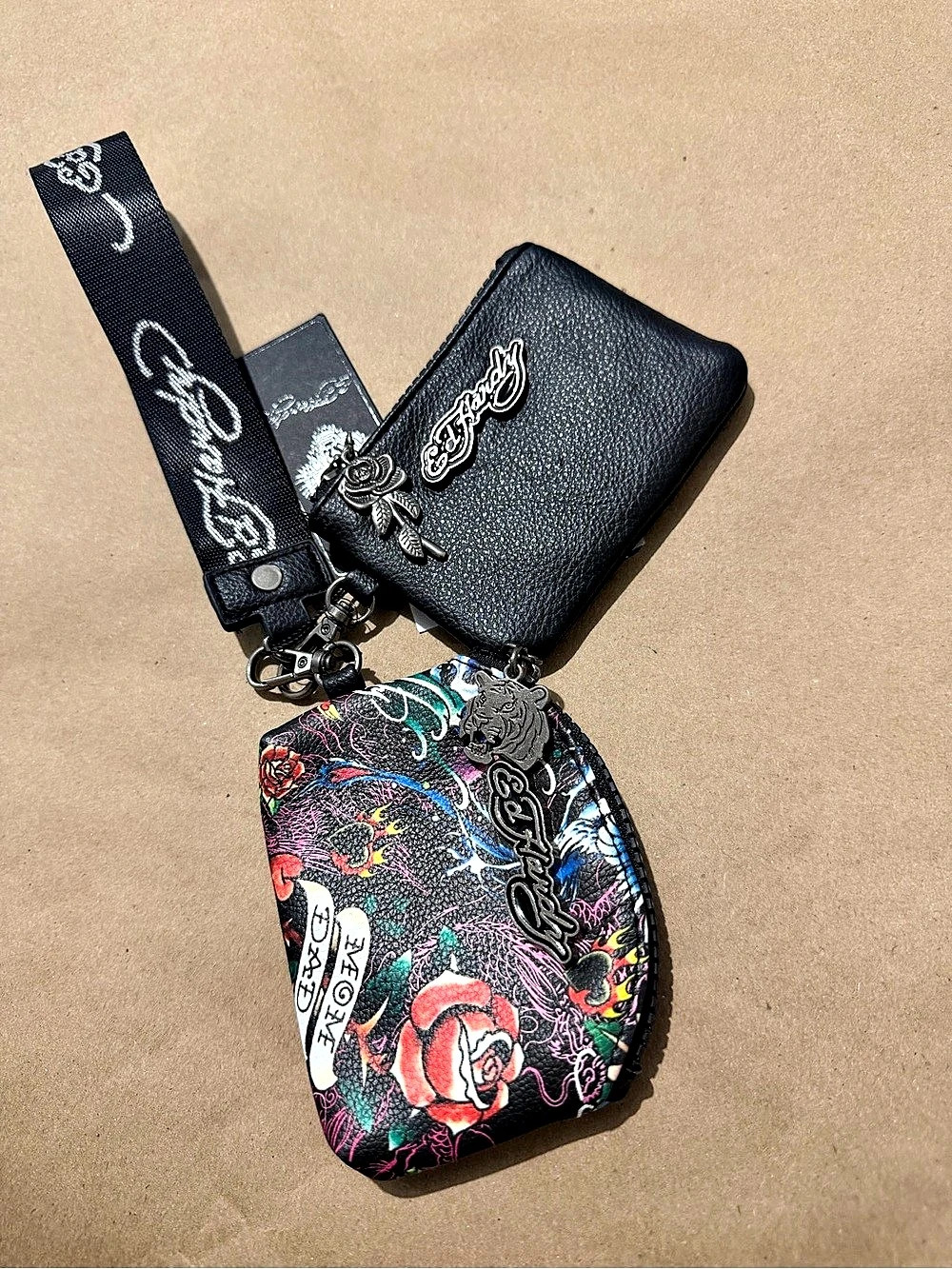 Ed Hardy Tattoo Print Dual Pouch Wristlet Keychain Set